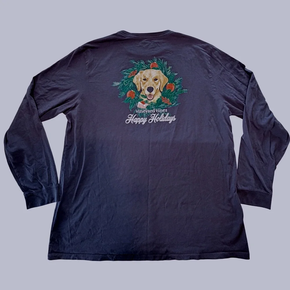 Vineyard Vines‎ Mens XL Navy Blue Happy Holidays Golden Retriever Pocket T-Shirt